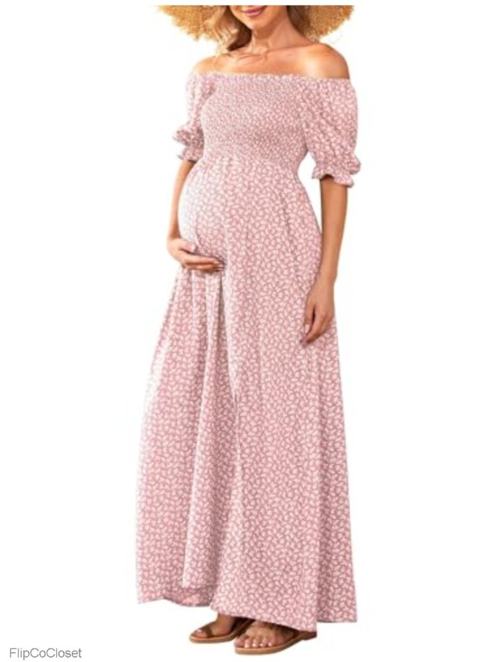 Floral Maternity Maxi Dress Photoshoot Baby Shower A-Line Chiffon Puff Sleeve